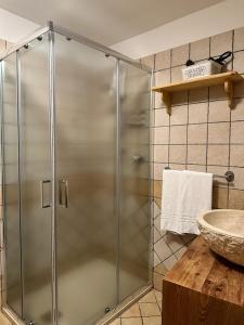 y baño con cabina de ducha y lavabo. en Agriturismo Belotti, en Temù