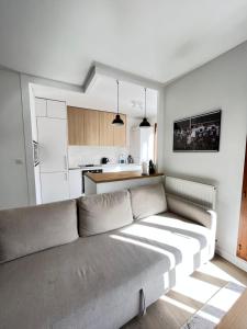 a living room with a couch and a kitchen at Appartement Porte de Paris / Stade de France in Saint-Denis