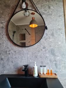a bathroom sink with a large mirror above it at Vila Lac in Braşov