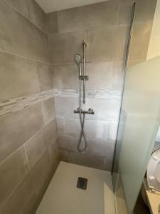 eine Dusche mit Glastür im Bad in der Unterkunft Alba Cocooning in Villefranche-de-Lauragais