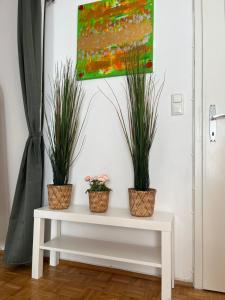 três vasos de plantas sentadas numa mesa branca em Antik Chic mit Gartenblick em Obermoos