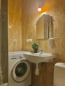 une salle de bains avec lave-linge et lavabo dans l'établissement Pechersky Hostel, à Kiev