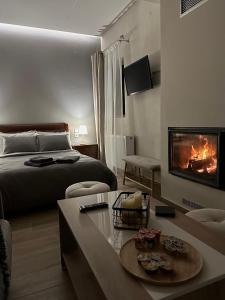 une chambre d'hôtel avec un lit et une cheminée dans l'établissement Lagos Apartment, à Elati