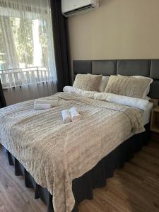 sypialnia z łóżkiem z dwoma ręcznikami w obiekcie Cozy Riverside Pine Studio E5 w Borowcu