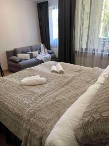 una camera da letto con un grande letto con asciugamani di Cozy Riverside Pine Studio E5 a Borovets