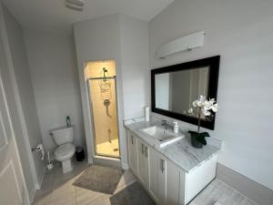 a bathroom with a sink and a toilet and a mirror at Modern Townhouse, Vaughan, Ontario, Canada in Vaughan +18 photos