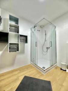 La salle de bains est pourvue d'une douche et d'une cabine de verre. dans l'établissement City-Apartment mit Dachterrasse & Massagesessel in der Fußgängerzone K4, à Oldenbourg
