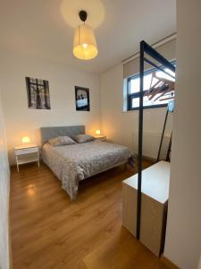 een slaapkamer met een bed en een raam bij Le CARNOT appartement avec 2 chambres séparés et parking privatif et securise in Arras