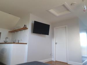 sala de estar con TV de pantalla plana en la pared en Adams Lodge, en Wexford