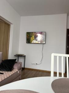 uma sala de estar com um sofá e uma televisão na parede em Apartament rodzinny 40m2 em Pabianice