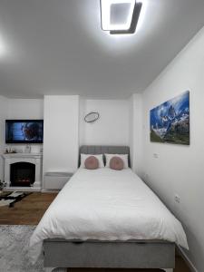 een witte slaapkamer met een bed en een open haard bij Grey Igloo Apartment in Bjelašnica