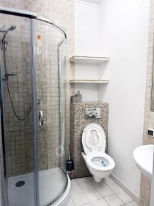 a bathroom with a shower and a toilet and a sink at Apartament Jurata in Jurata