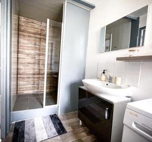 a bathroom with a sink and a shower at Maisons de vacances 3 lits in Varzy