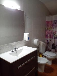 W łazience znajduje się umywalka, toaleta i lustro. w obiekcie Casas Rurales Rio Segura Gallego w mieście Gallego