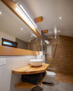 a bathroom with a sink and a toilet at La Brazi - by 663A Mountain Chalet in Porumbacu de Sus