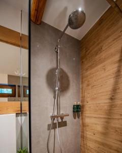 a shower in a bathroom with a shower head at La Brazi - Hot Jacuzzi River and Luxury for Families in Porumbacu de Sus +19 photos