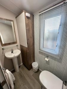 Silver Birch Lodge Aviemore في أفيمور: حمام مع حوض ومرحاض ومرآة