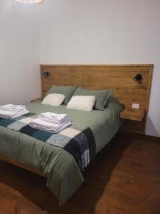 a bedroom with a bed with a wooden headboard at Complejo Puente viejo casa 2 in Trevelin