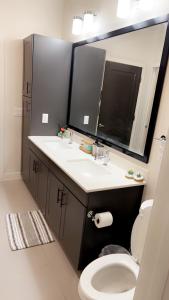 a bathroom with a toilet and a sink and a mirror at Luxe Mid-Downtown apartment in Houston