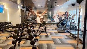 un gimnasio con cintas de correr y máquinas de ejercicio cardiovascular en Luxe Mid-Downtown apartment en Houston