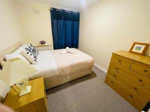 a bedroom with a bed with a blue curtain and a dresser at Cosy flat in Little Paxton