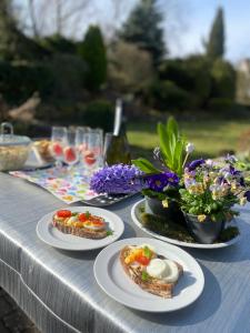 stół z talerzami jedzenia i kwiatów na nim w obiekcie Chalupa pod Milesovkou 