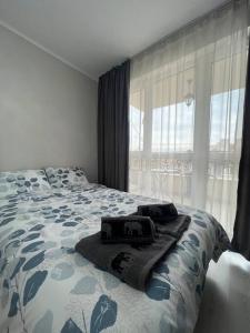 a bedroom with a large bed with a large window at City Center studio Amelia in Plovdiv