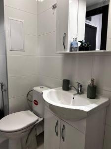 a white bathroom with a toilet and a sink at City Center studio Amelia in Plovdiv