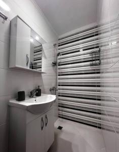 a white bathroom with a sink and a shower at City Center studio Amelia in Plovdiv