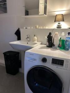 eine Waschmaschine in einer Küche mit Spüle in der Unterkunft ruhig wohnen im kleinen Bungalow im Süden von Berlin in Teltow