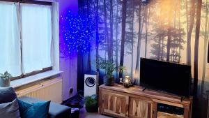 sala de estar con TV de pantalla plana y ventana en Maison Bois d'Air en Durbuy