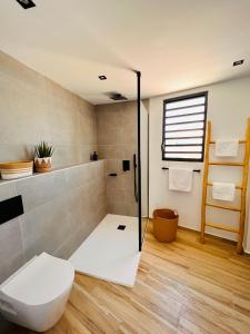 uma casa de banho com um chuveiro e um WC. em Orient bay - Apartment Oceanview - Alamanda beach residence em Orient Bay