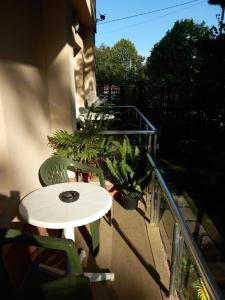 Biały stół i krzesła na balkonie z roślinami w obiekcie Стаи за гости - Цветето на Ангела w mieście Bankja