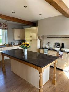 a kitchen with a large island with a vase of flowers at Gortaclare Lodge 