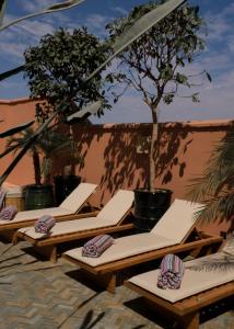 Eine Reihe Liegestühle vor Bäumen auf einer Terrasse in der Unterkunft Riad Pompon in Marrakesch