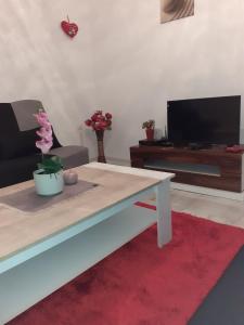 uma sala de estar com uma mesa de centro e uma televisão em Apartman Cirkic em Sanski most