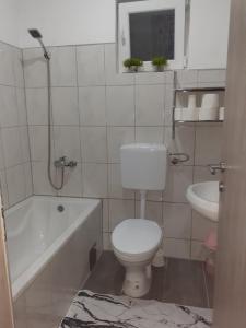 La salle de bains est pourvue de toilettes, d'une baignoire et d'un lavabo. dans l'établissement Apartman Cirkic, à Sanski most