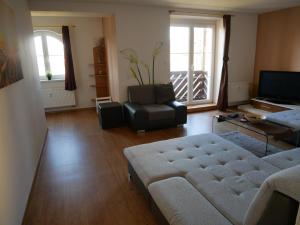 a living room with a couch and a tv at Lipno -1 Apartmány in Lipno nad Vltavou