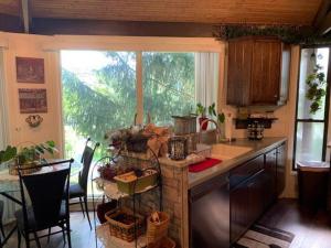 cocina con encimera y ventana grande en Round Cabin - 5 Min to Bedford PA - Deck - Hike- Golf en Bedford