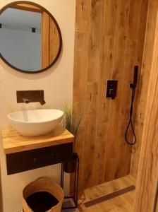 La salle de bains est pourvue d'un lavabo et d'un miroir. dans l'établissement Aparatment dla 4 osób numer 1, à Orzysz