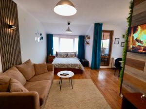 a living room with a couch and a bed at Mountain Home in Bansko