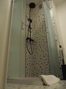 a shower in a bathroom with a shower curtain at Apartment Simon in Zagreb