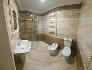 a bathroom with a toilet and a sink and a shower at Airport apartament in Sîngera +23 photos