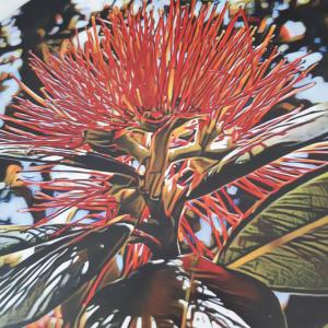 una pintura de una planta con flores rojas en Papamoa Beach Hugoway, Pohutukawa Studio Deluxe, Close beach, free parking, en Papamoa