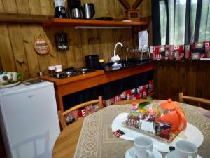 uma cozinha com uma mesa com um comboio de brinquedo em Encosta Dos Pinheiros em Gramado