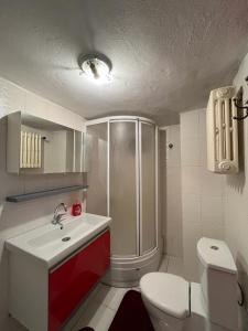 a bathroom with a shower and a sink and a toilet at Green Garden View Apartment Near Zorlu Center in Istanbul