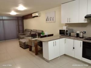 Il comprend une cuisine et un salon avec une table et un canapé. dans l'établissement Durban Harbour View Apartment, à Durban