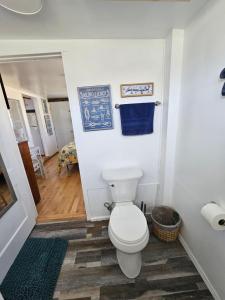 een badkamer met een wit toilet en een hal bij LemonDrop Lake-Front Cottage in Madison