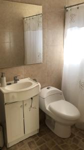 梅利皮亞的住宿－Los Quillayes，一间带水槽、卫生间和镜子的浴室