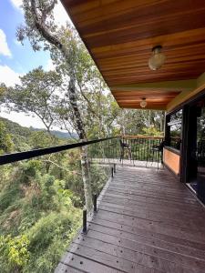 a wooden porch with a view of the forest at Casa Container 80 in Campos do Jordão